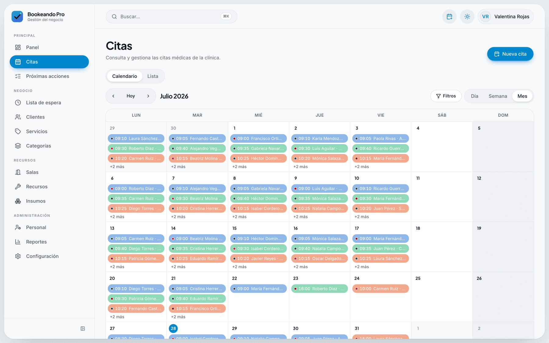 Vista de calendario mensual con las citas de todos los especialistas en Bookeando Pro